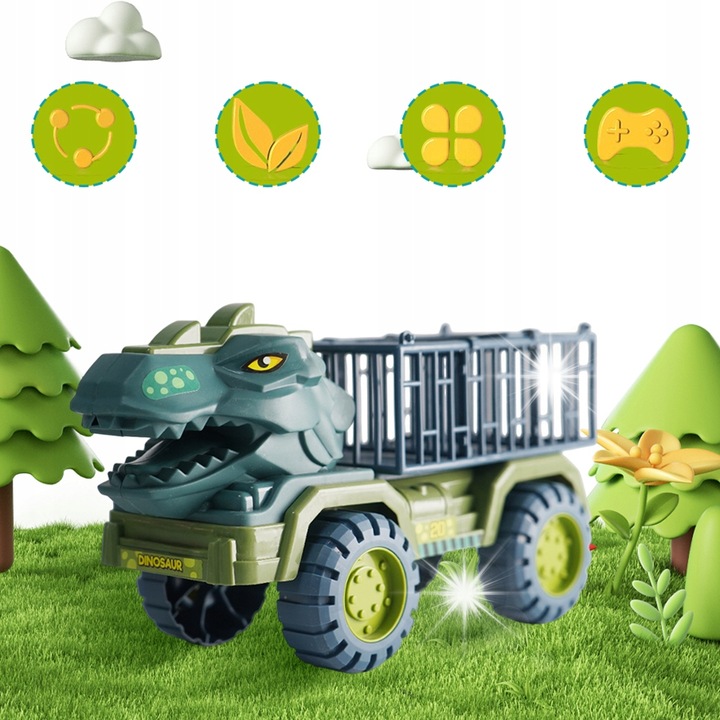 Камион динозавър, Bedee, 35x14x20см, комплект с 3 динозавъра и аксесоари, зелен