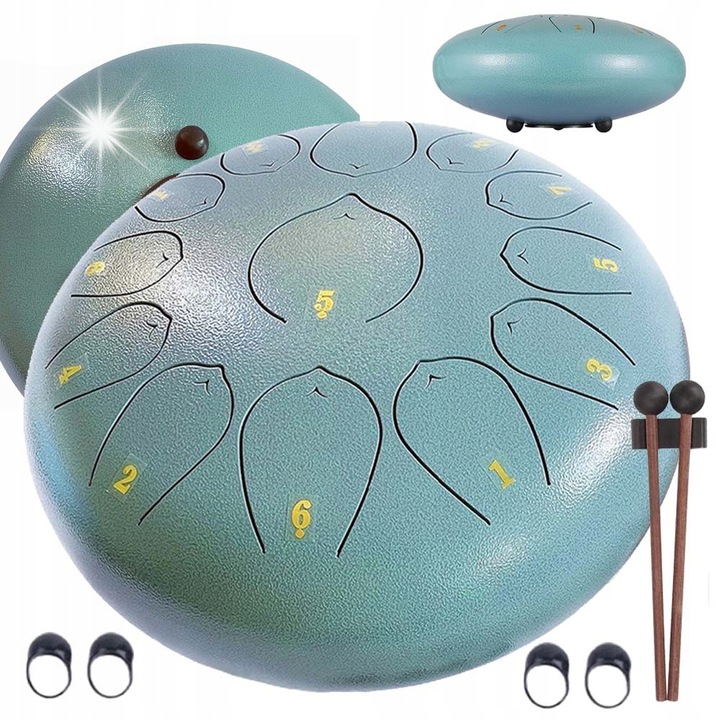 Стоманен барабан, 12 инча, син, пълен комплект с аксесоари за медитация и образование