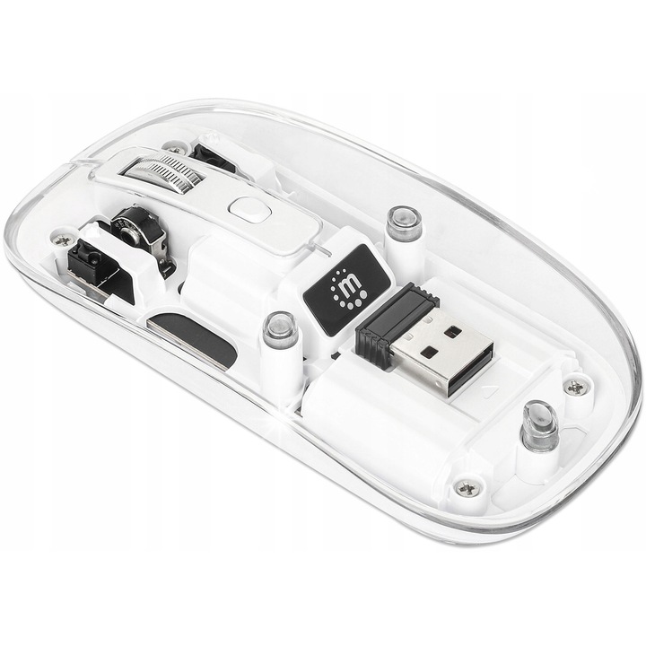Manhattan vezeték nélküli egér, átlátszó, 1600 dpi, akkumulátoros, USB-C port, 113x58x26mm