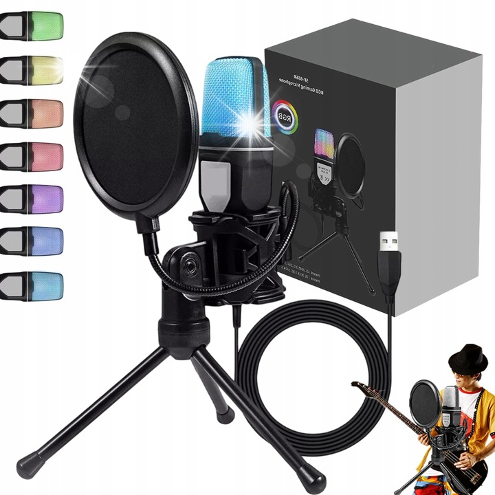 Mikrofon PC, RGB, rezgéscsillapító tartóval, 134x43x40mm, fekete