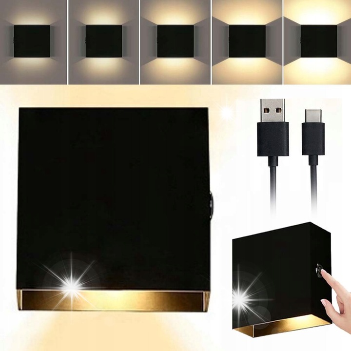 LED аплик с USB зареждане, черен, 12x12x5см, 6W, топла светлина 3000K, пълен комплект