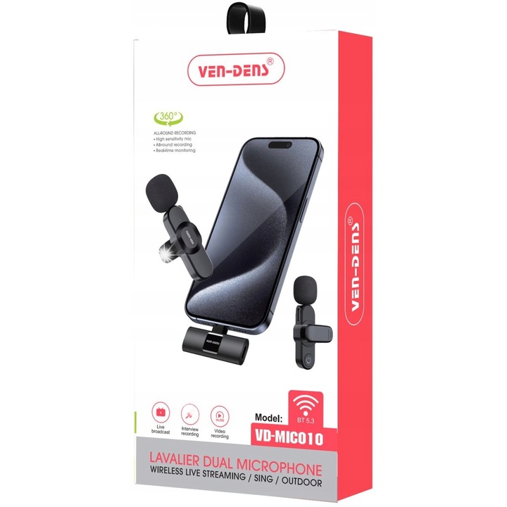 Vezeték nélküli Lavalier mikrofon szett 2x, Ven-Dens, Bluetooth, 15-25m, 44x33.8x28.5cm