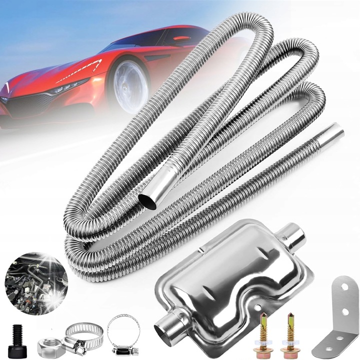 Kipufogócső készlet autó fűtéshez, rozsdamentes acél, 200 cm, 25 mm átmérő, hangtompítóval