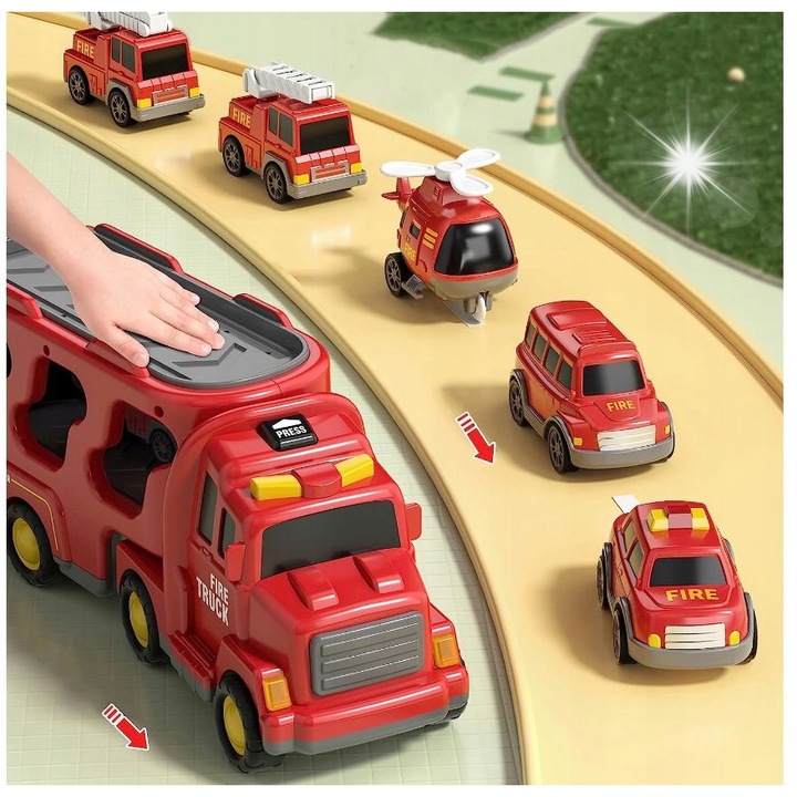 Autó készlet, tűzoltóautó, 6 jármű, piros, 13,5x10x33cm