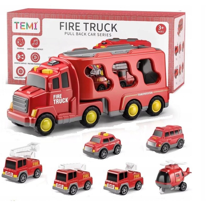 Set masinute pompieri Temi, 7 in 1, rosu, 13,5x10x33cm