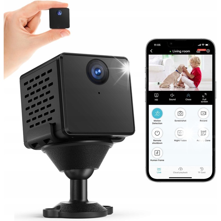 Камера за наблюдение, безжична, 1920x1080P, детекция на движение, черна, 40x48x40мм