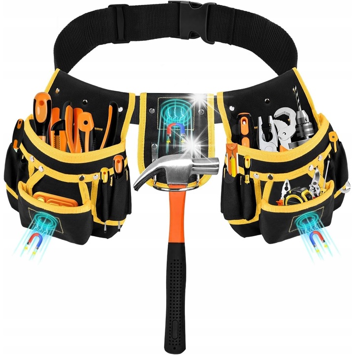 Szerszámöv 22 zsebbel, kalapácstartóval, fekete/sárga, 67-118 cm