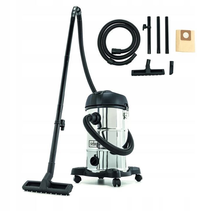 Прахосмукачка за мокро и сухо почистване, 30 л, 1200 W, с аксесоари, инокс, 4 колела