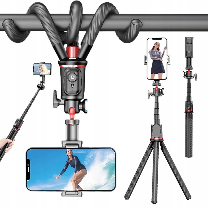 Trepied flexibil pentru telefon, aluminiu, cu cap rotativ 360°, negru, 4x3.3x19.4cm