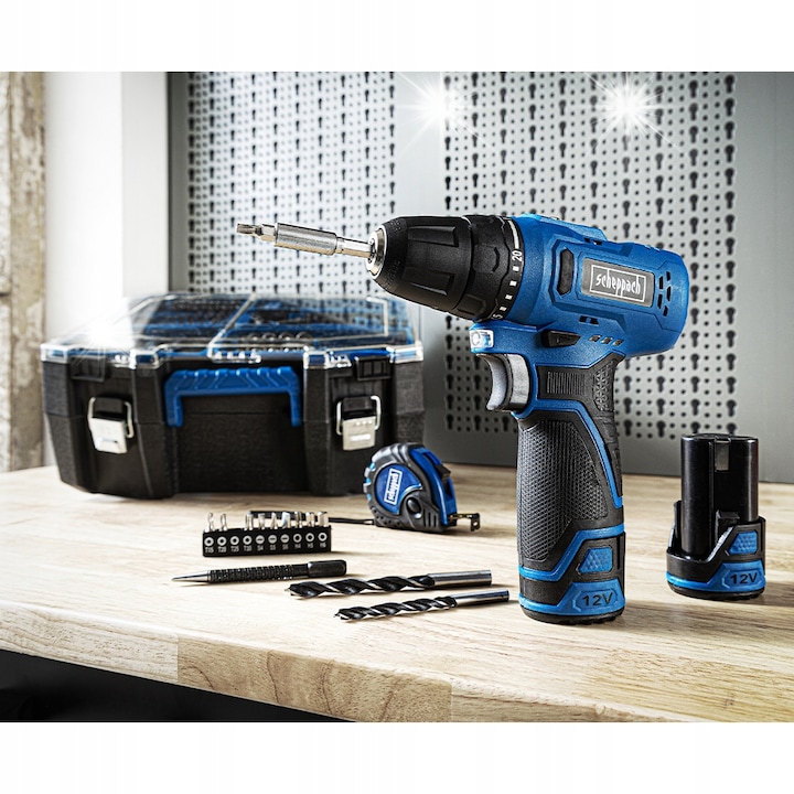 Акумулаторна бормашина Scheppach 12V, 35Nm, комплект 74 аксесоара, 2 батерии 12V, 1.3Ah