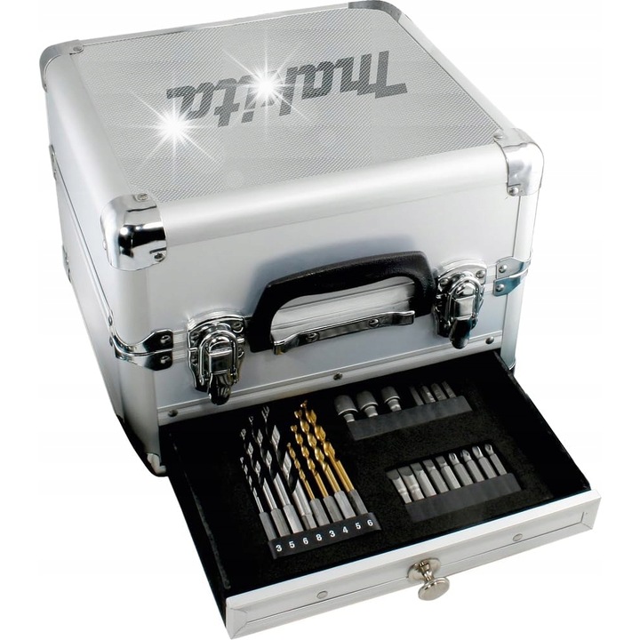 Makita alumínium szerszámosláda, 8 fúrófejjel, 5 csavarhúzóval, 2 Phillips, 4 Torx, 3 kulccsal, változó méret.