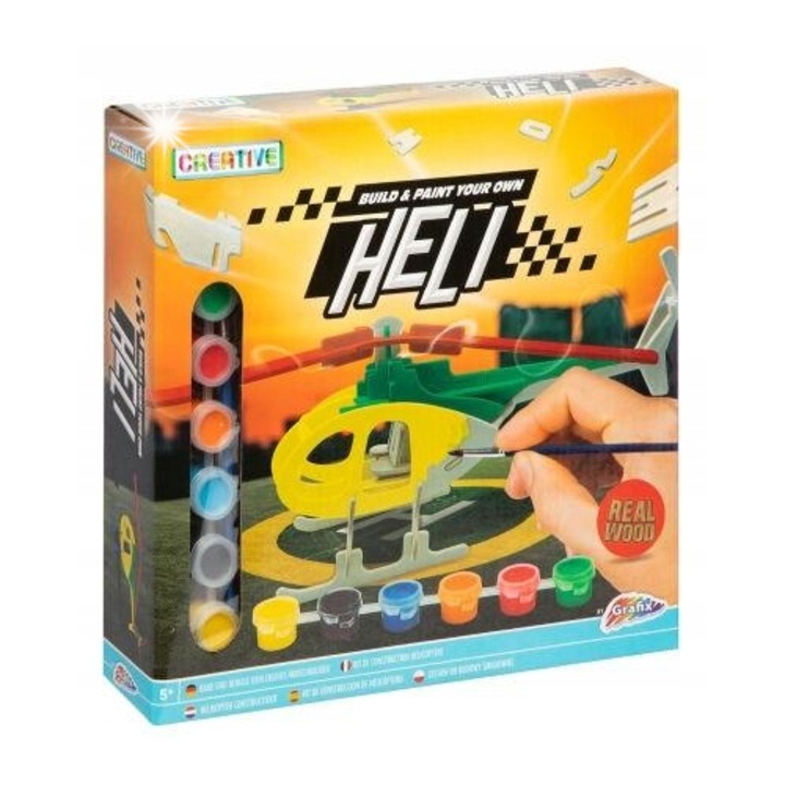 Set creativ elicopter de lemn, Grafix, 6 culori + pensula, Icom