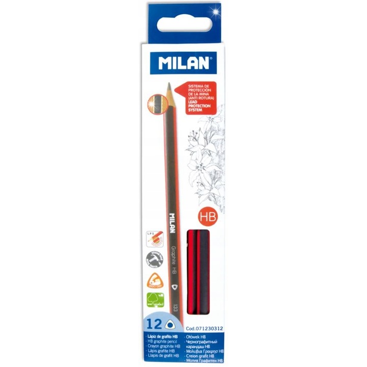 Set creioane trojkatne HB, Milan, 12 bucati, 17,5x0,62cm, lemn din plantatii sustenabile