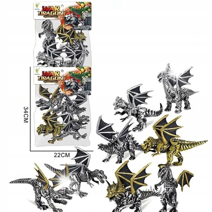 Trifox dinoszaurusz és sárkány figura készlet, ezüst és arany, 8 darab, 329x219mm