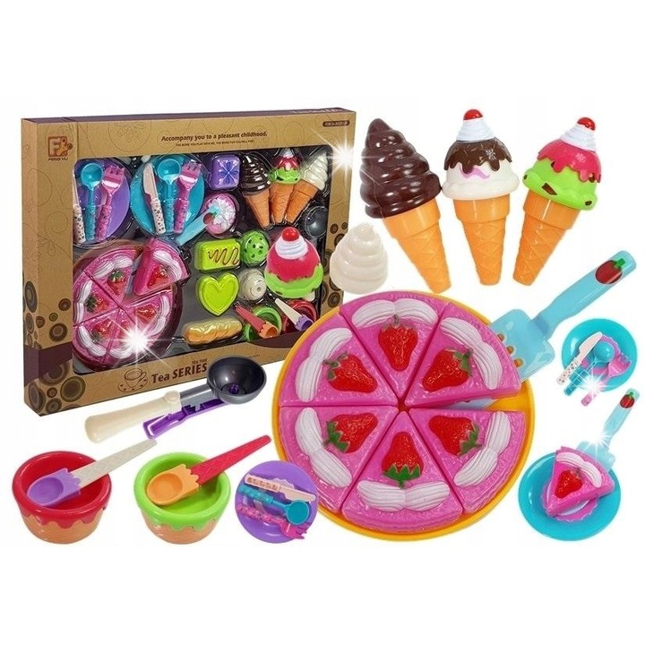 Konyhai készlet gyerekeknek, LEAN Toys, 6 szeletes torta, 3 fagylalttölcsér, többszínű, mérete 51x38x5cm
