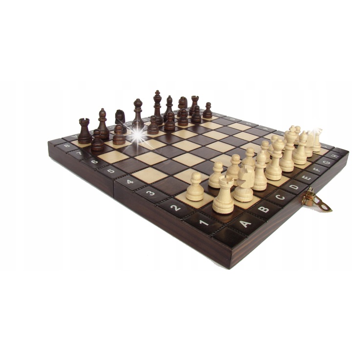 Fából készült sakkészlet, mérete 26,5x13,2x4cm, filces bábuk, különleges esztétika