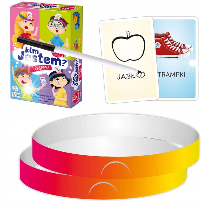 Kim vagyok én társasjáték, szakértői készlet, 2 fejpánt, 52 kártya, 4 üres kártya, 1 filctoll, 7 év