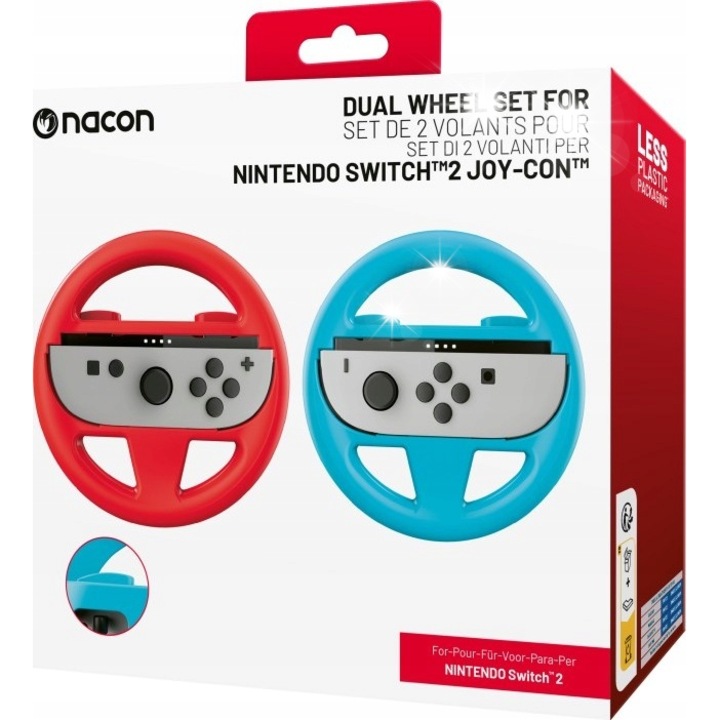 Kétkerekű kormánykerék készlet Joy-Con Nintendo Switch 2-höz, piros és kék, ergonomikus, hozzáférés minden funkcióhoz.