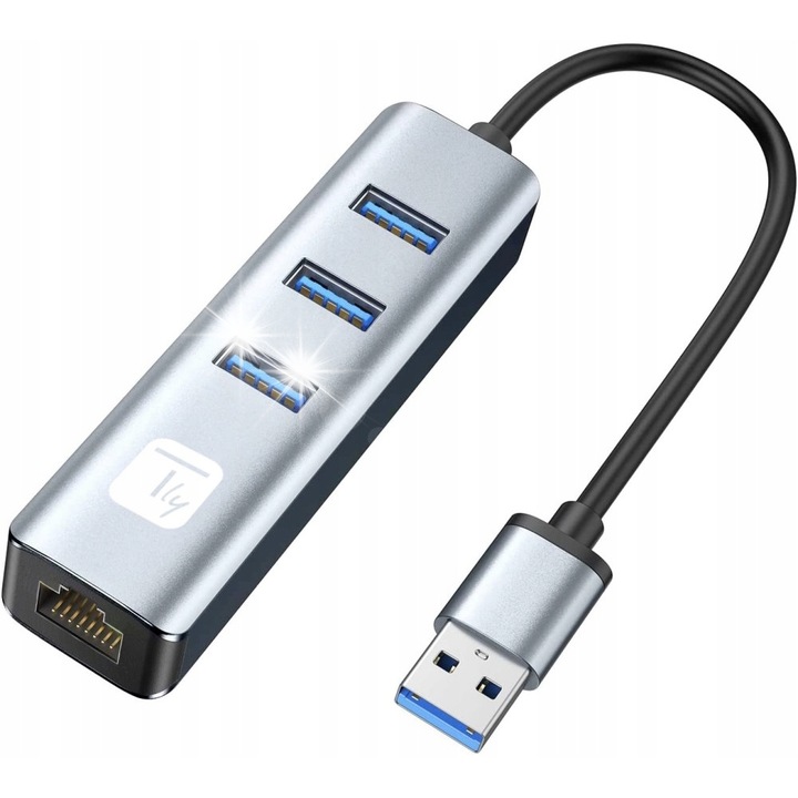 USB 3.2 Gen 1 Type-A hálózati adapter Gigabit Ethernet RJ45-hez 3x USB-A hubbal, 25x19x93mm, ezüst-fekete
