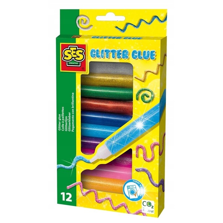 SES Creative, 12 culori, lipici cu glitter, usor de curatat
