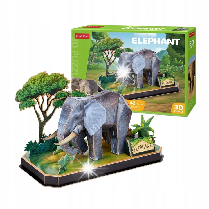 Puzzle 3D, Cubic Fun, Slon készlet, 42 darab, 31,5x16,5x20,5 cm, többszínű