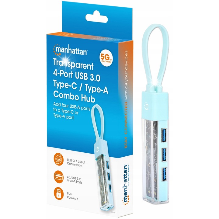 USB 3.2 Gen1 4-portos USB-A 3.0 elosztó, átlátszó, 27x104x18mm