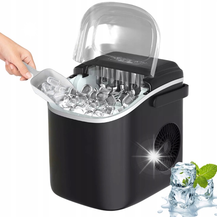 Masina de facut gheata, 12 kg, 9 cuburi in 6 minute, neagra, 294x290x222mm, set cu lingura si cos.