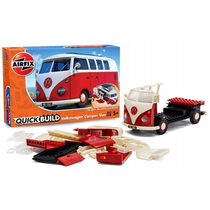 Airfix QUICKBUILD VW Camper Van, set de modelare, 52 piese, rosu, 19,8x8,5cm