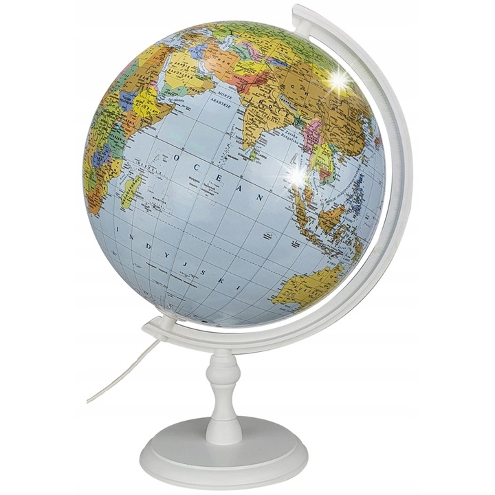 Glob pamantesc, 320mm, 2 in 1, iluminat LED, cu suport din lemn alb