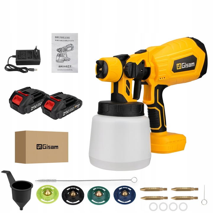 Vezeték nélküli festékszóró pisztoly, 3 fúvóka, 1000 ml, 160 l/perc, 18V, 1600W