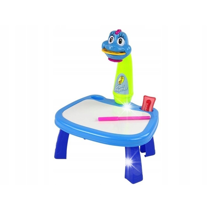 Set masuta de desen cu proiector, LEAN Toys, model dinozaur, set cu 3 slide-uri, 12 markere, 21 imagini, multicolor