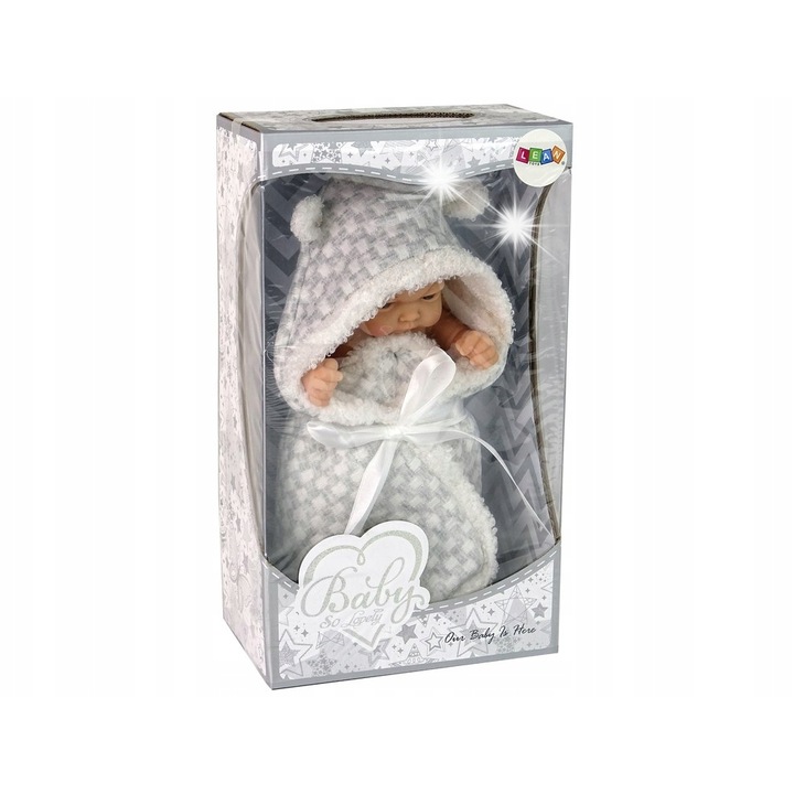 Babababa, LEAN Toys, baba, szürke bélés fehér masnival, 18 hónapos kortól