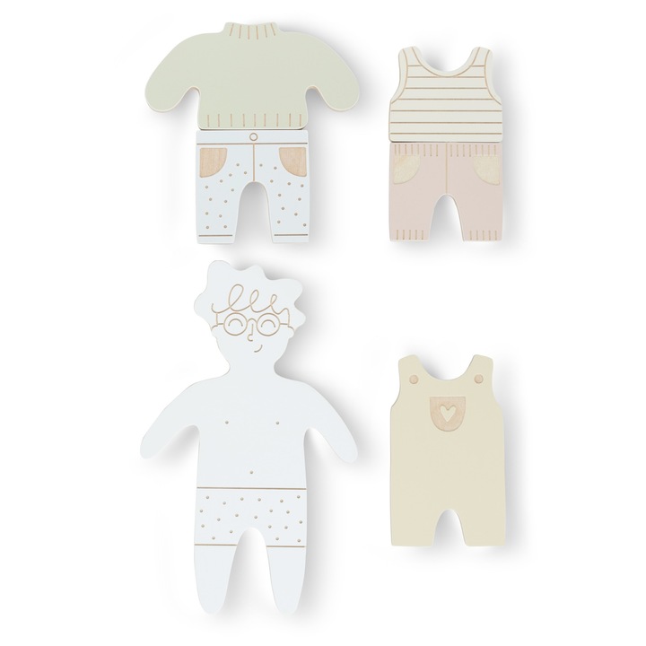 Дървена магнитна кукла, Милин, комплект с 5 тоалета, 13,5x21,5см, за деца над 3 години