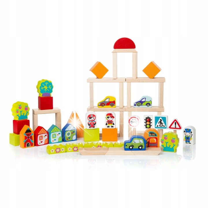 Puzzle Cubika, fa építőkészlet, város úttal és parkkal, többszínű, gyerekeknek