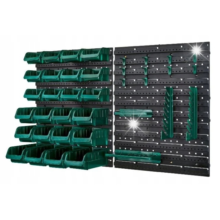 Rendszerező műhely Parkside, 43 részes, 2 moduláris panel, 16 doboz, 8 doboz, 4 doboz, 10 kampó, panel méretei 54x45cm