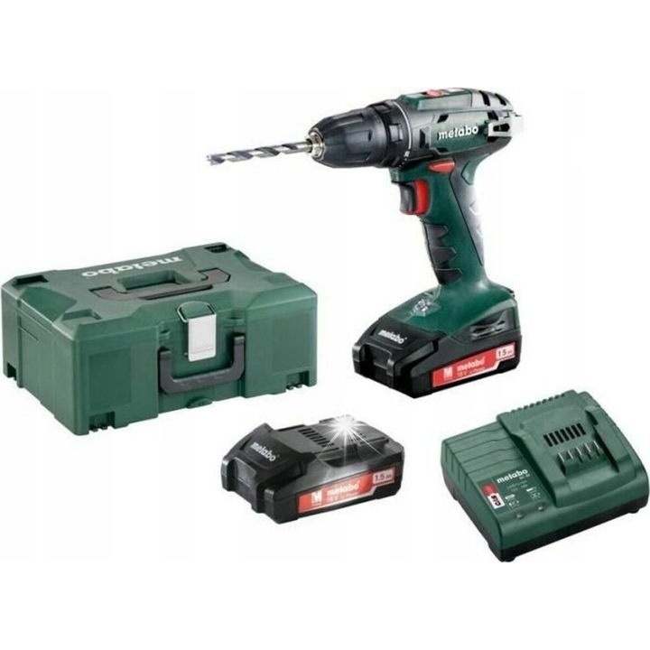 Акумулаторна бормашина Metabo BS 18, 2 батерии LiPOWER 1,5 Ah, 18 V, 48 Nm, с LED лампа, пълен комплект