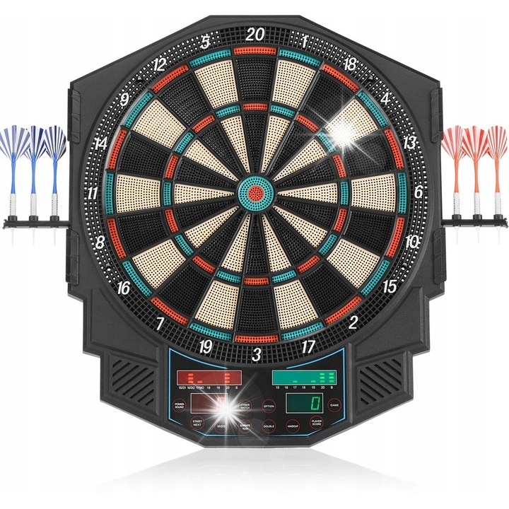 Elektronikus darts tábla, 27 játék, 6 darts 50 cserélhető heggyel, automatikus kikapcsolás funkció, többszínű