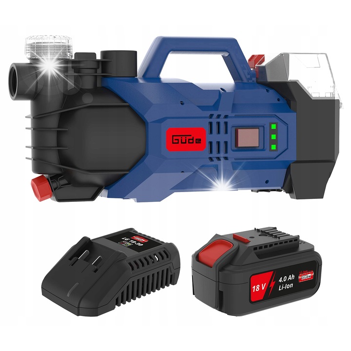 Градинска помпа Gude GP 18-401-30, 180 W, 2400 л/ч, синьо/черно, комплект с батерия 4,0 Ah и бързо зарядно