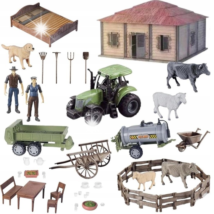 Farm figura készlet, 2 farmer, 5 állat, bútor, traktor, Maksik