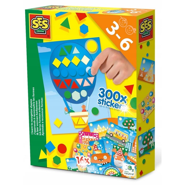 Set creativ SES, 16 carti colorate, 300 autocolante, pentru copii de la 3 ani, geometrice