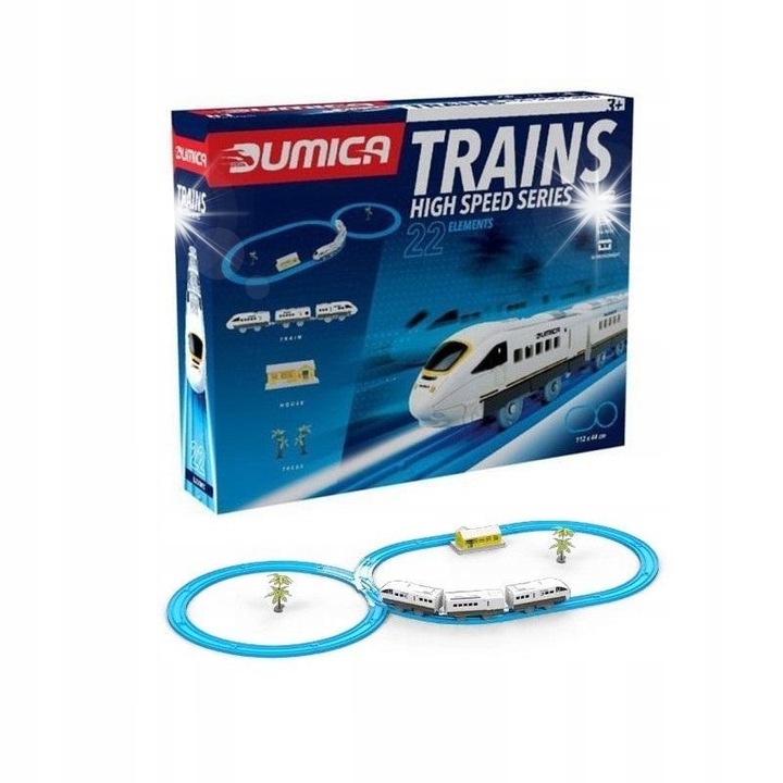 Dumica játékvonat szett, mozdony vagonnal, 16 vasúti elem, 3 dekorációs elem, 112x44cm