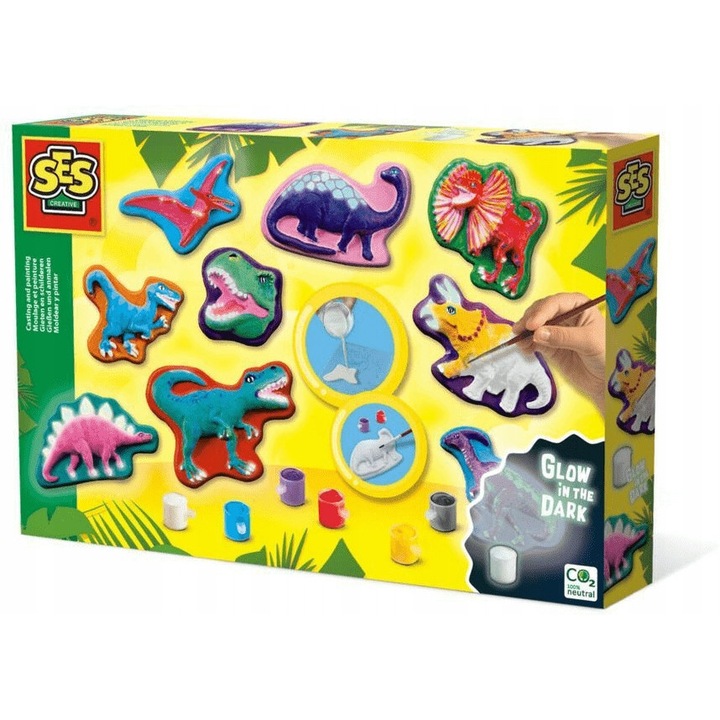 Set de artizanat SES Creative, figurine gipsate, dinozauri, cu vopsele