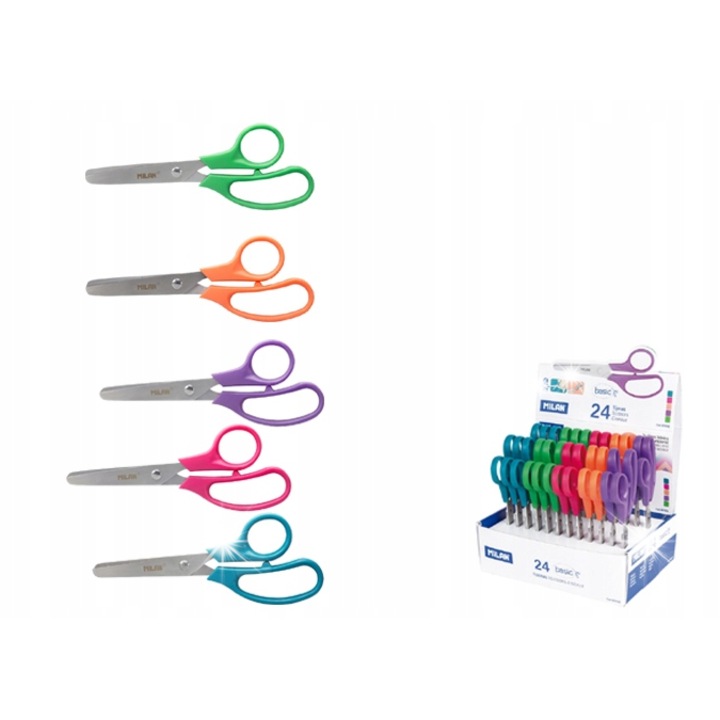 Set foarfece scolare Milan, 24 bucati, 13,3 cm, inox, varf rotunjit, plastic