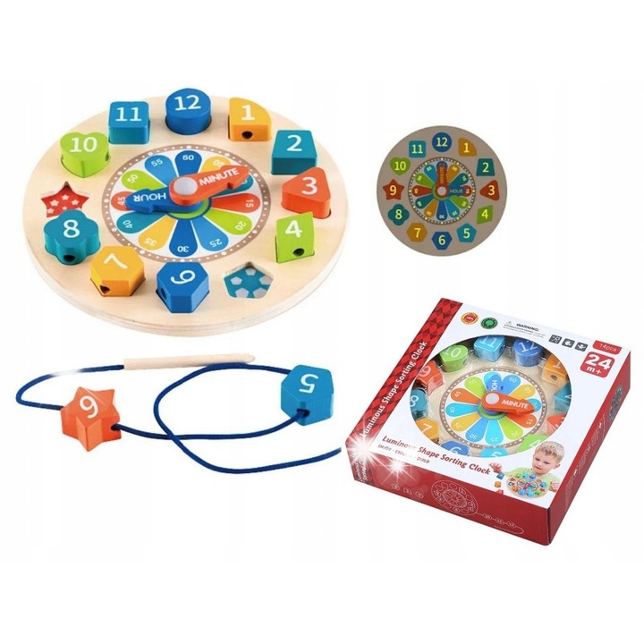 Fából készült oktatóóra válogató blokkokkal, Madej, 22x22x5,7cm, 24hó+ gyermekeknek