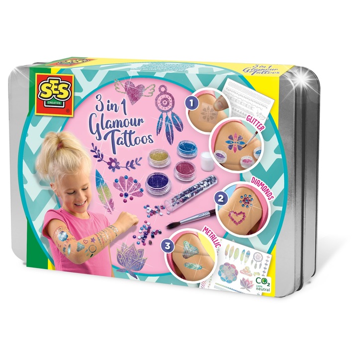 Set 3 in 1 tatuaje temporare, SES Creative, metalice si transparente, 30x20cm, pentru copii 5-11 ani