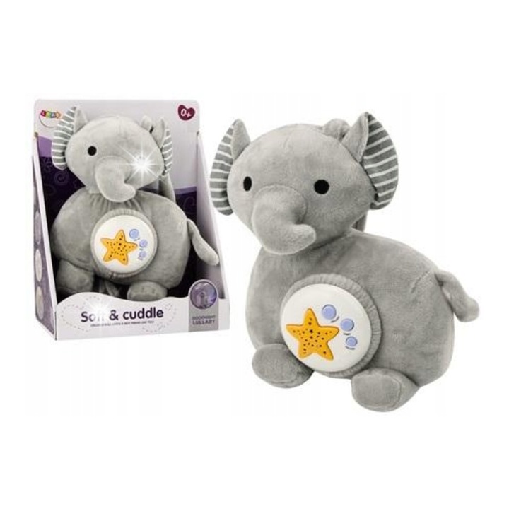 Плюшено слонче проектор, Leantoys, 30x18x9см, сиво, с мелодии и светлини