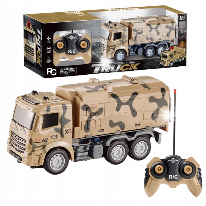 RC katonai teherautó fényekkel, Maksik, 25x8x13cm, szett távirányítóval és elemekkel