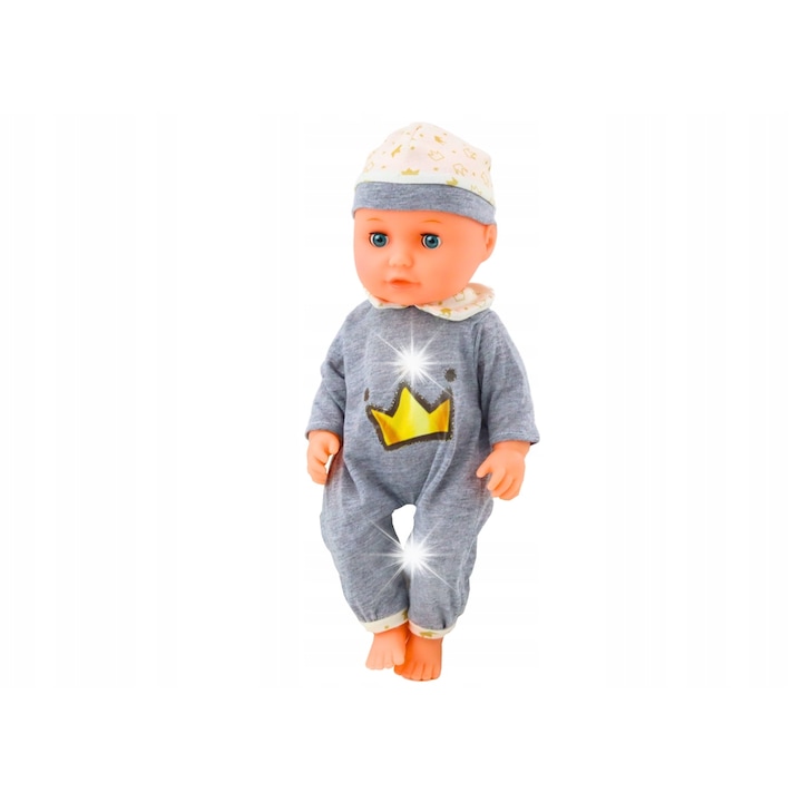 Oktató baba, Leantoys, 35 cm, szürke pizsama, hangok, cumisüveggel és cumival