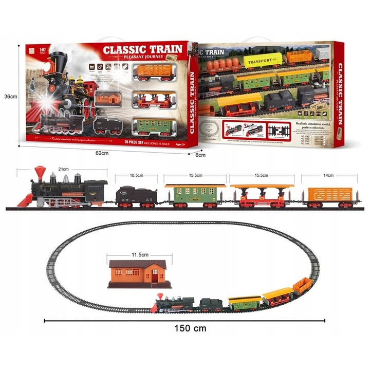 Játékvonat elemmel, sínkészlettel, 150cm, Trifox