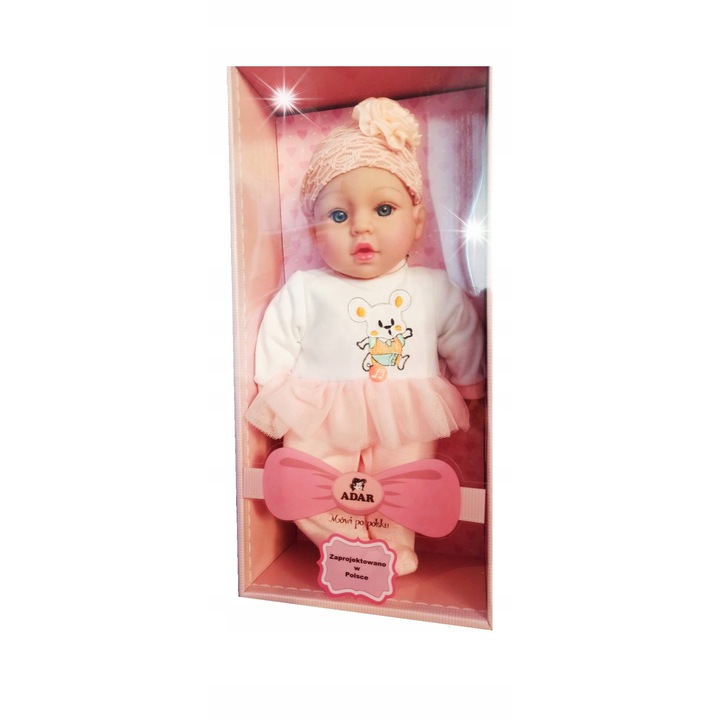 Adar oktató baba 40 cm cumival, énekel és beszél románul, színes